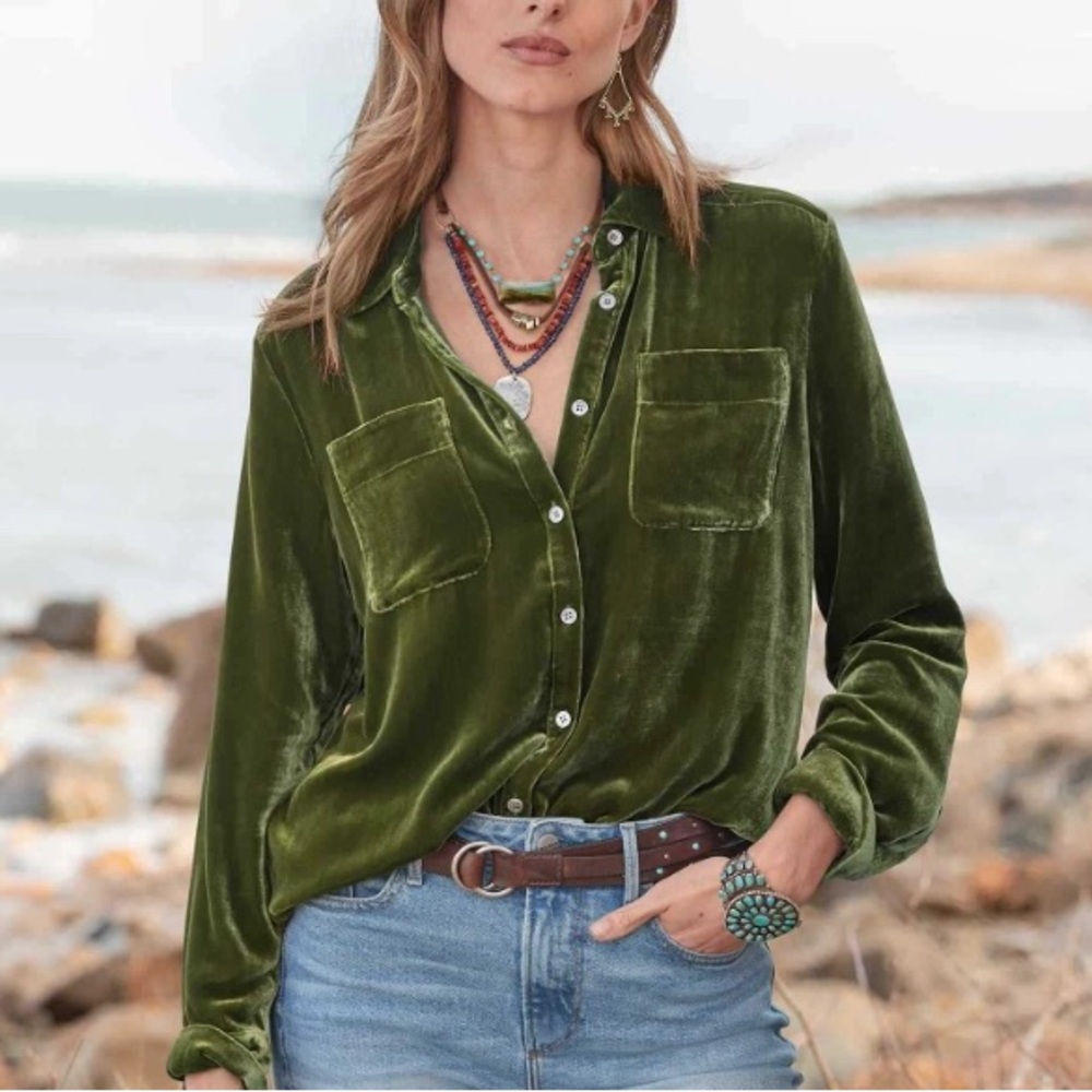 Velvet Army Green Long Sleeve Top